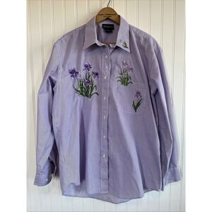 Las Olas Purple Pinstripe Button Up Shirt Size M Embroidered Iris Rhinestone